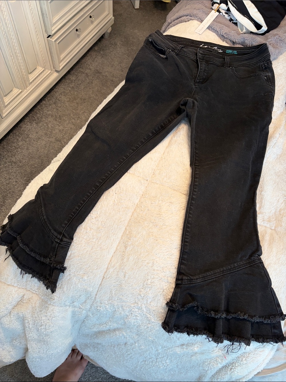INC International Concepts Black Flare Jeans with Frayed Hem
